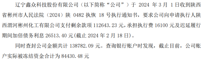 鑫众科技银行账户被冻结查封 账户实际被冻结资金合计为8.44万